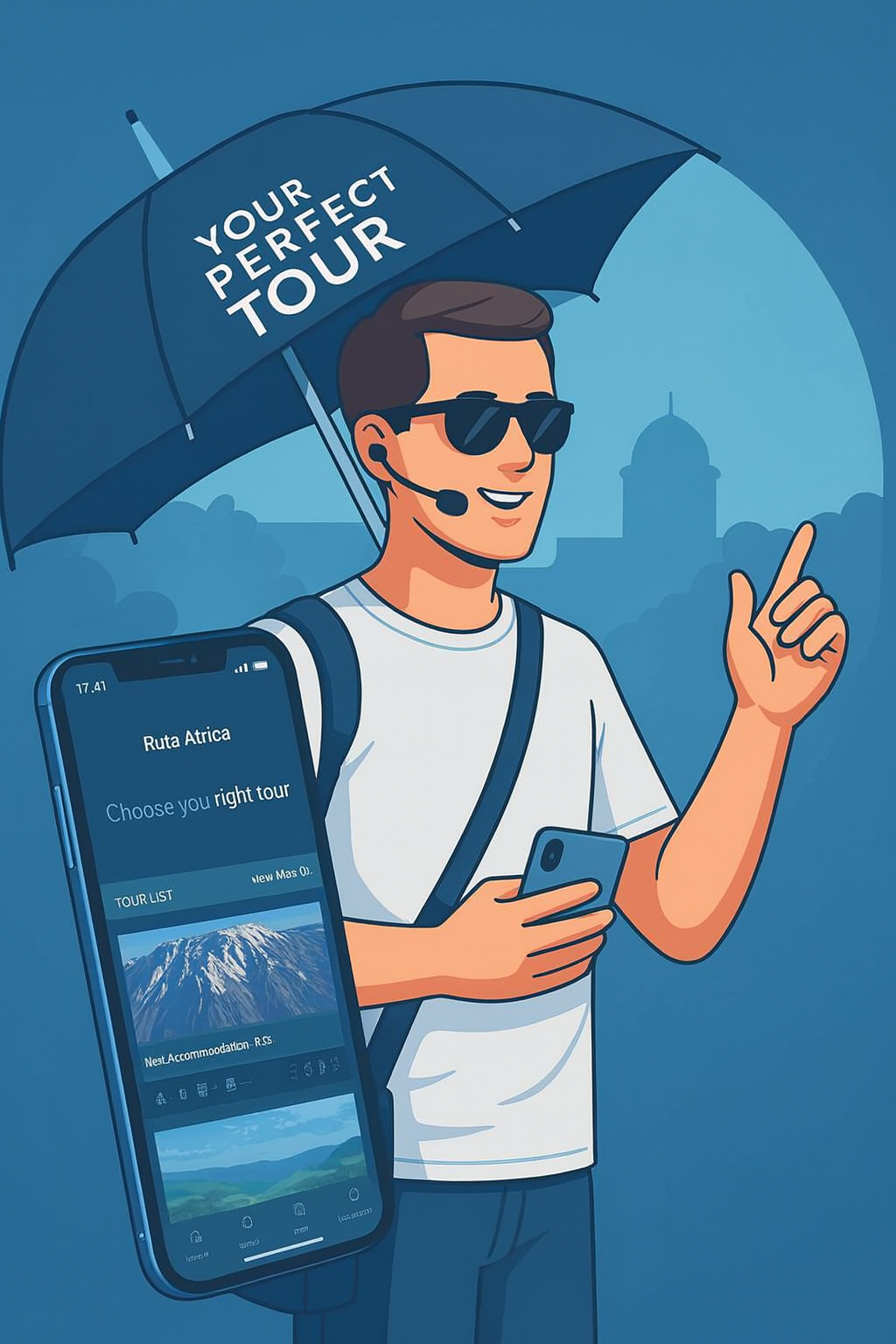 Tour guide with headset and smartphone app running the Tour Guide Speakers audio system